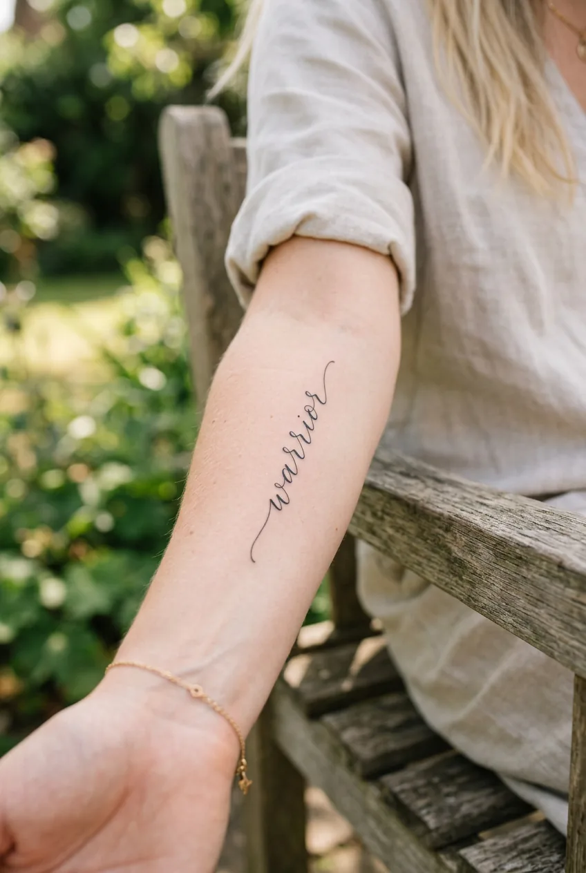 Woman's forearm showing script tattoo reading warrior in elegant handwritten calligraphy style
