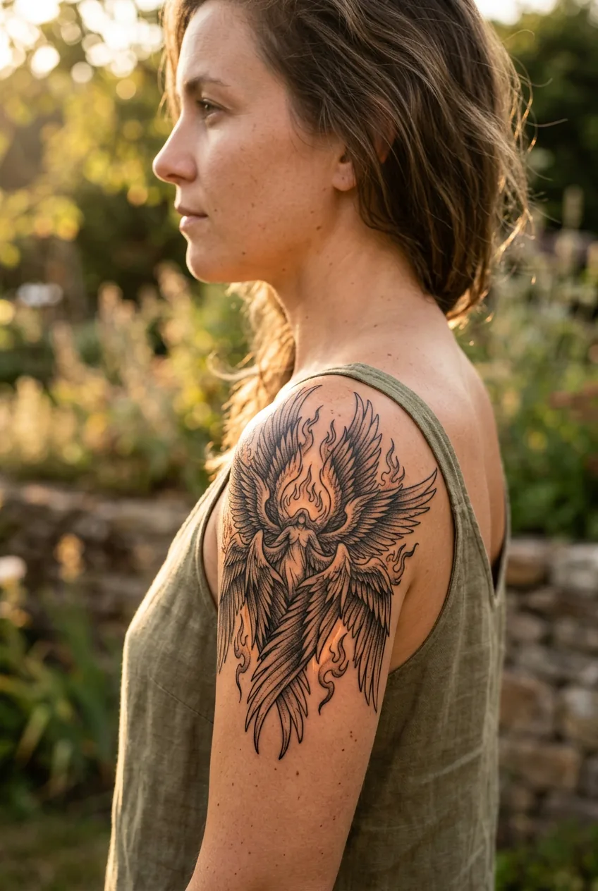 Woman displaying seraphim angel tattoo with six wings and flame details on shoulder