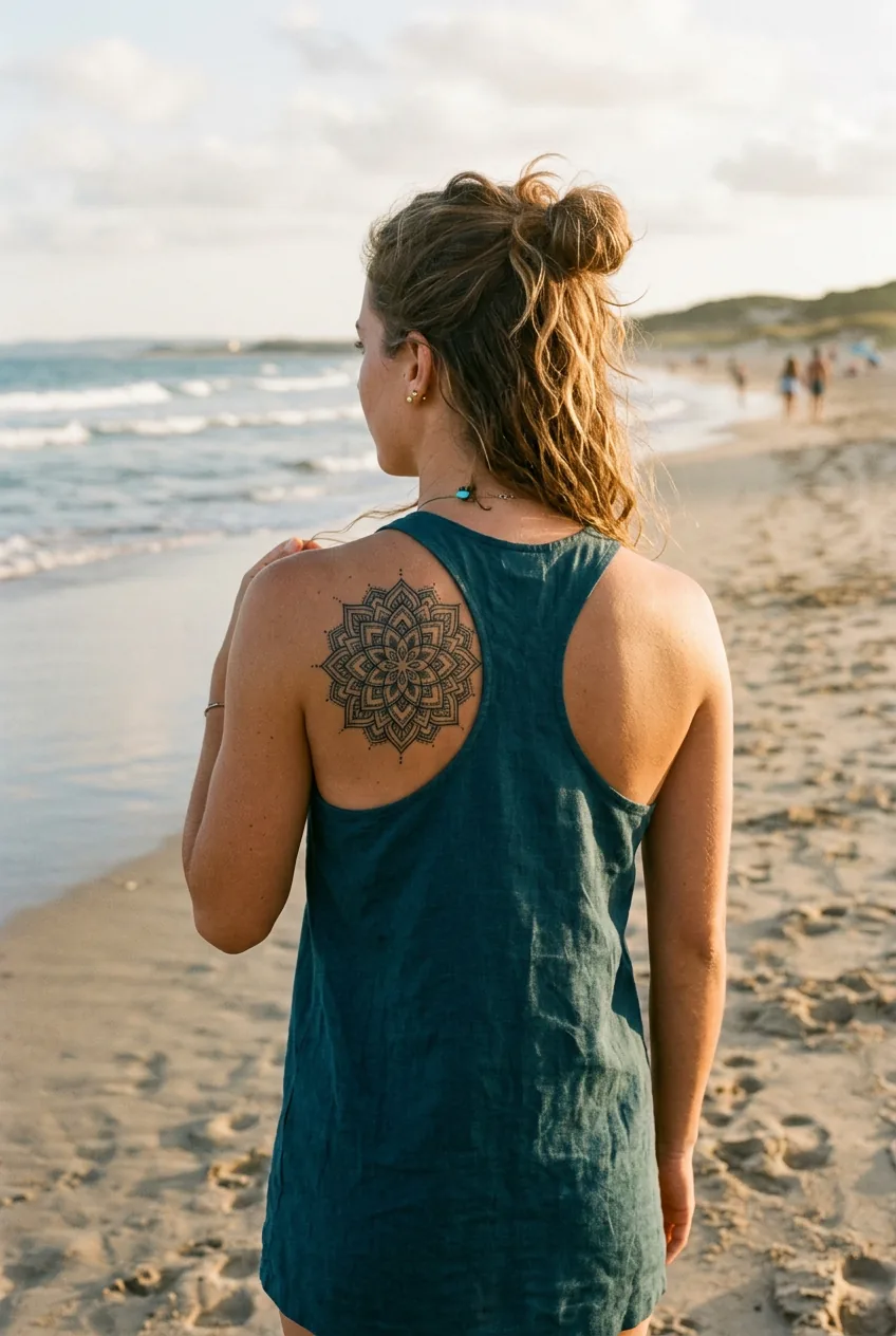 Back view of geometric mandala tattoo on woman's shoulder blade in tank top