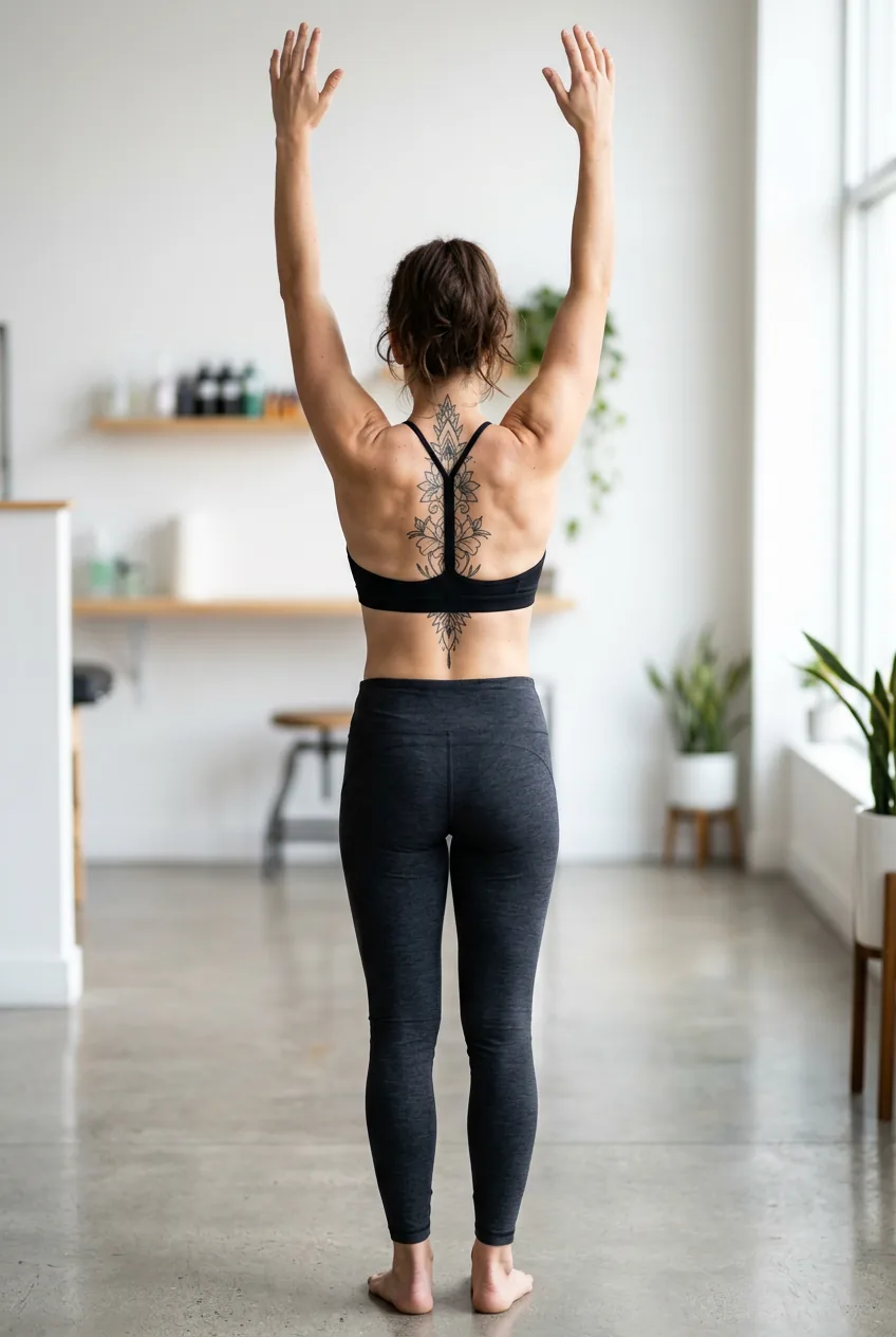 Woman's back demonstrating how shoulder blade skin stretches when arms are raised affecting tattoo placement