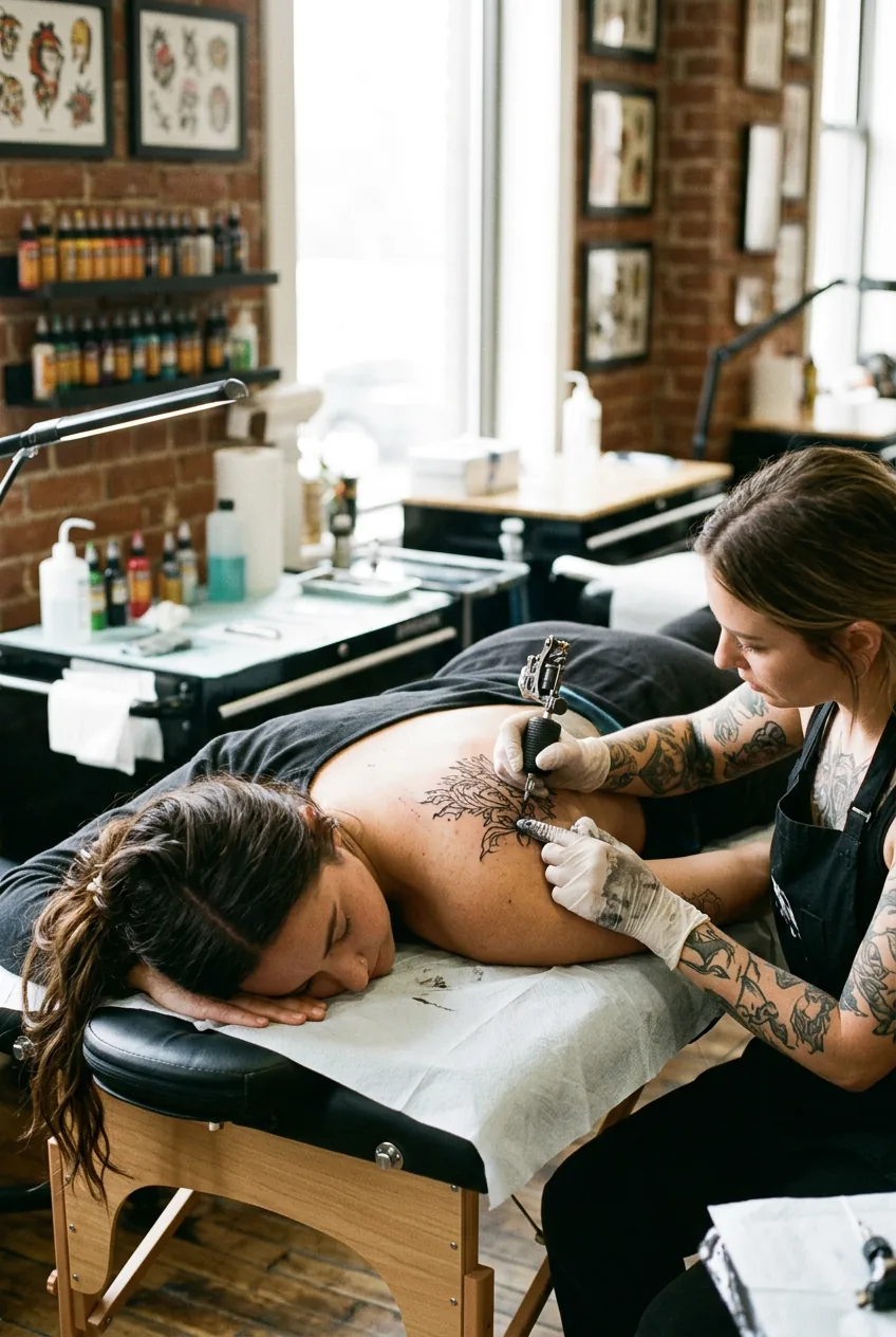 Woman lying face down during back tattoo session with artist working on shoulder blade area