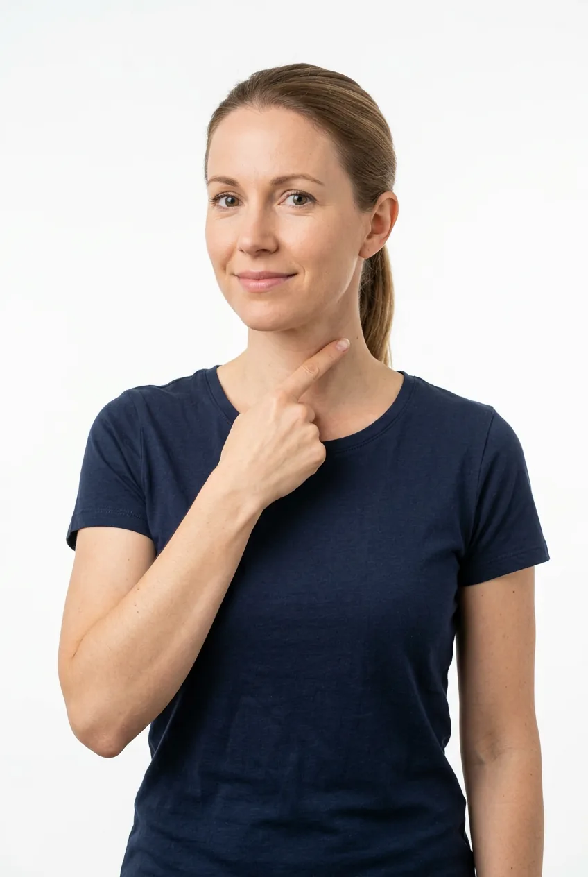 Woman pointing to the side placement zone on her neck for tattoo positioning guidance