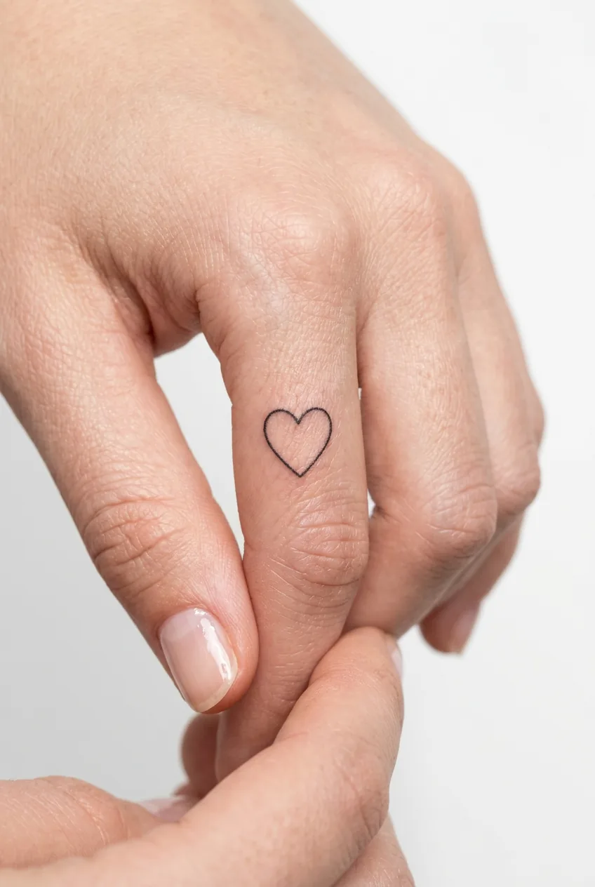 Simple heart outline tattoo located on woman's ring finger