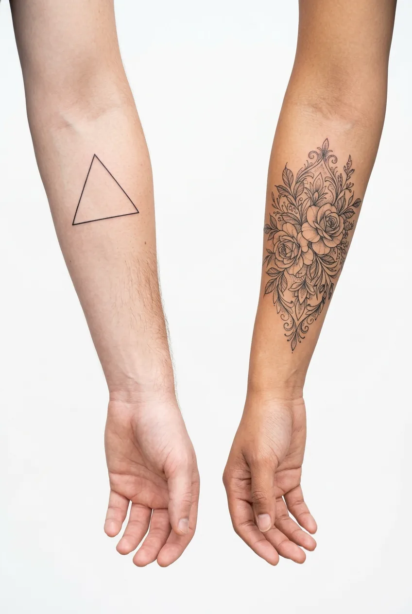 Side by side comparison of simple geometric triangle tattoo versus detailed elegant floral tattoo on two arms