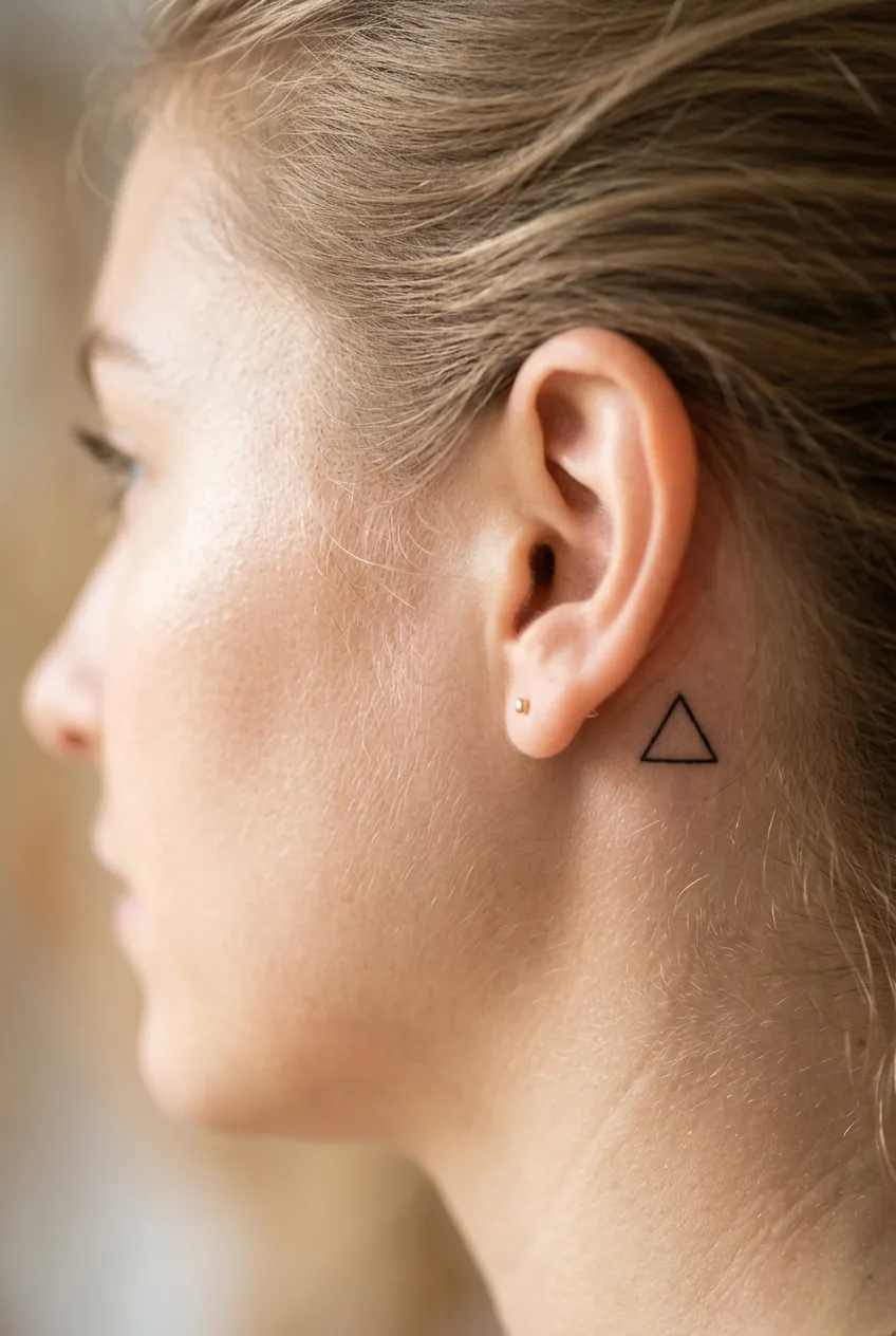 Behind-ear placement showing single small geometric triangle tattoo with fine-line black work