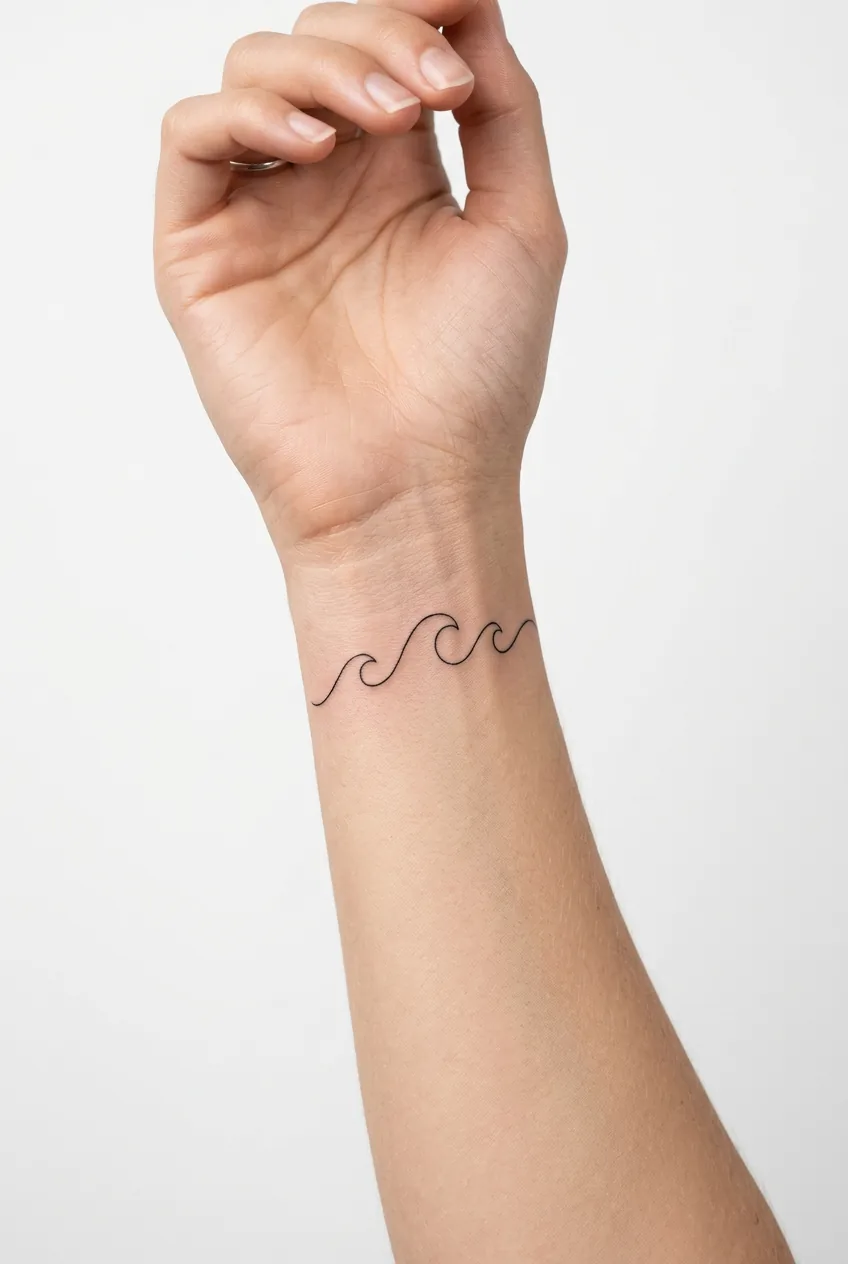 Woman showing single continuous line wave tattoo on her wrist with clean white backdrop