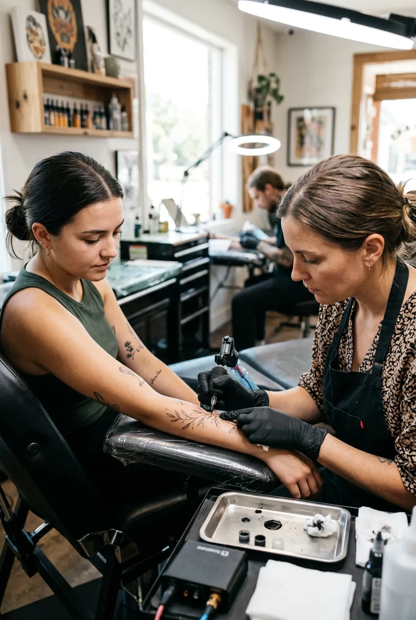 Woman receiving fine line tattoo work showing single needle technique and client managing pain