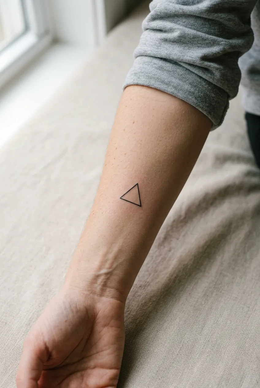 Woman's forearm displaying single minimalist triangle tattoo in natural window light showing placement and proportion