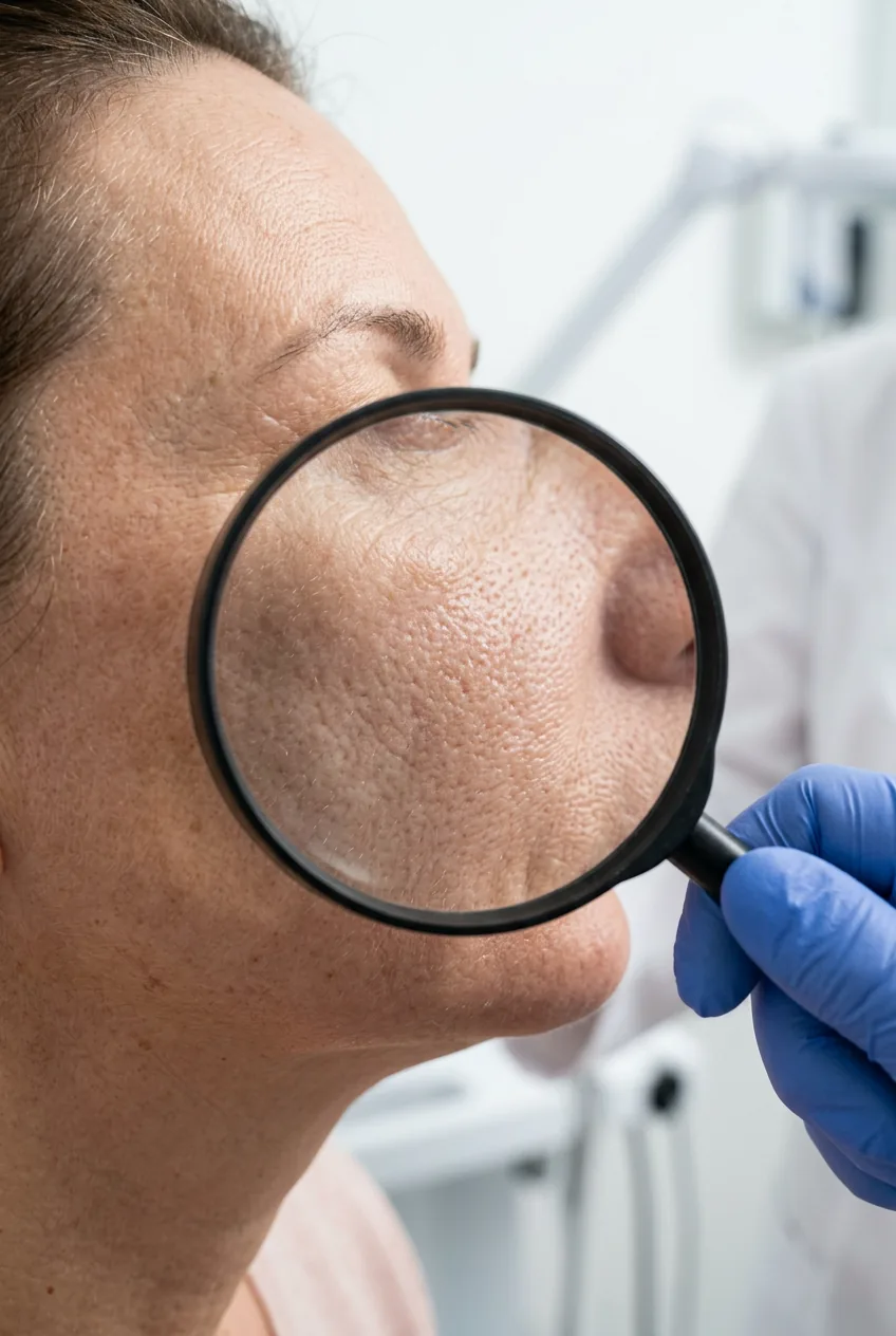 Magnifying glass revealing detailed skin texture and pores for tattoo placement analysis
