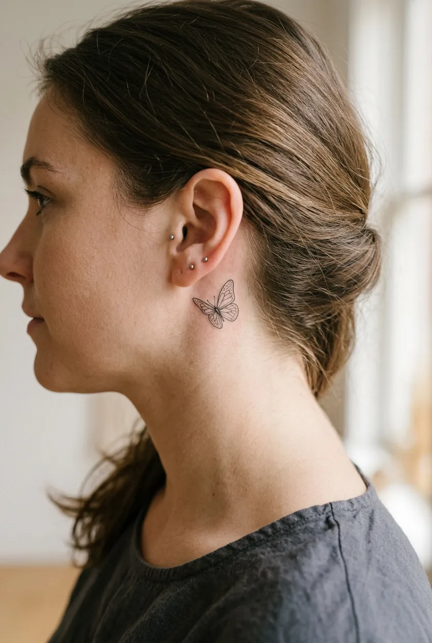 Small fine line butterfly tattoo placed behind woman's ear in profile view