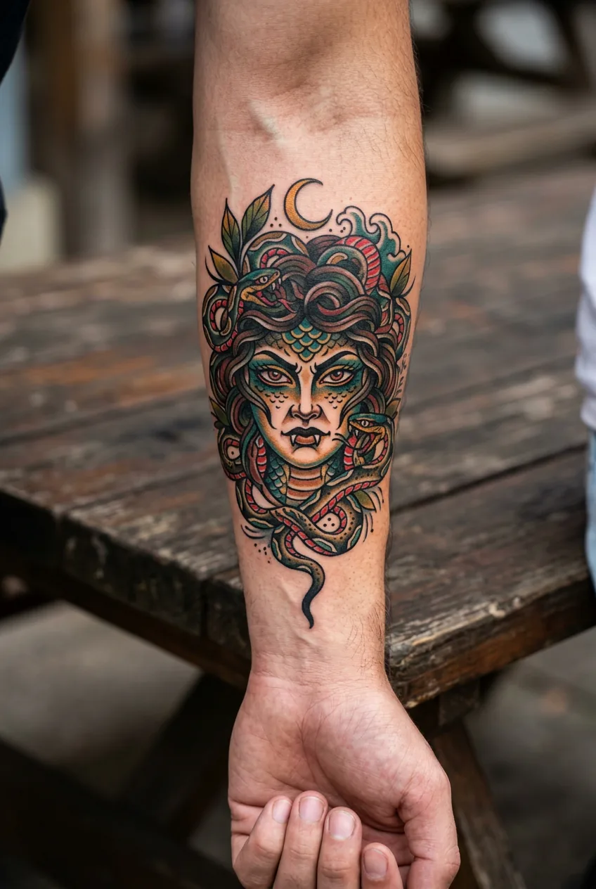 Bold traditional style Medusa tattoo on forearm at smaller scale maintaining clear definition and color