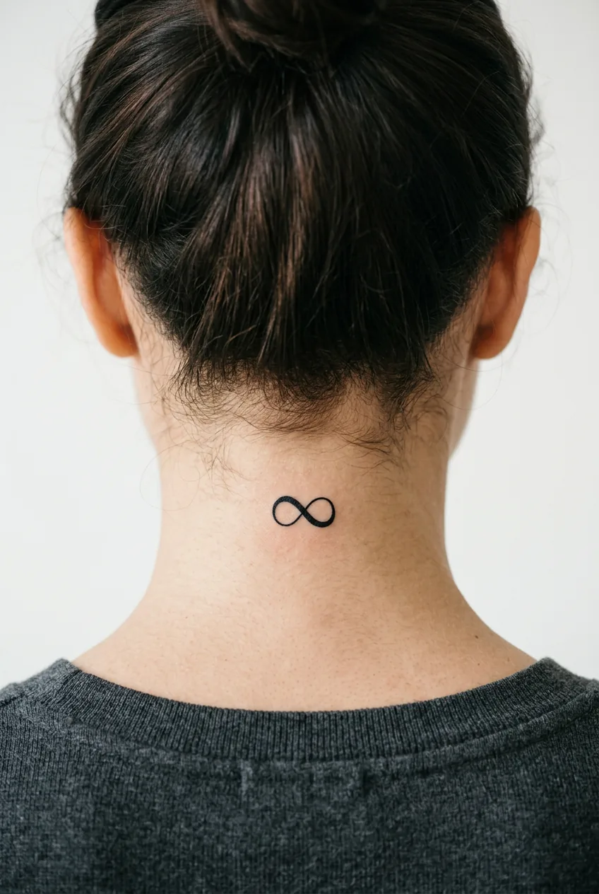 Small infinity symbol tattoo placed on back of woman's neck below hairline