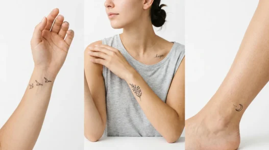Collection of various small tattoos displayed on different parts of a woman's body with studio lighting