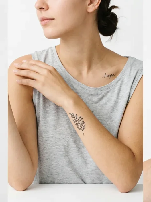 Collection of various small tattoos displayed on different parts of a woman's body with studio lighting