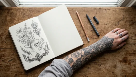 Open sketchbook with small tattoo designs next to woman's tattooed forearm and drawing tools on wooden surface