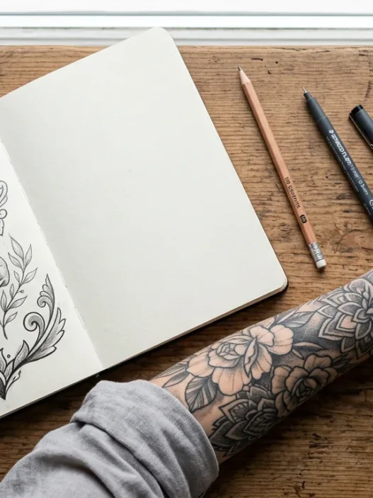 Open sketchbook with small tattoo designs next to woman's tattooed forearm and drawing tools on wooden surface