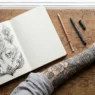 Open sketchbook with small tattoo designs next to woman's tattooed forearm and drawing tools on wooden surface