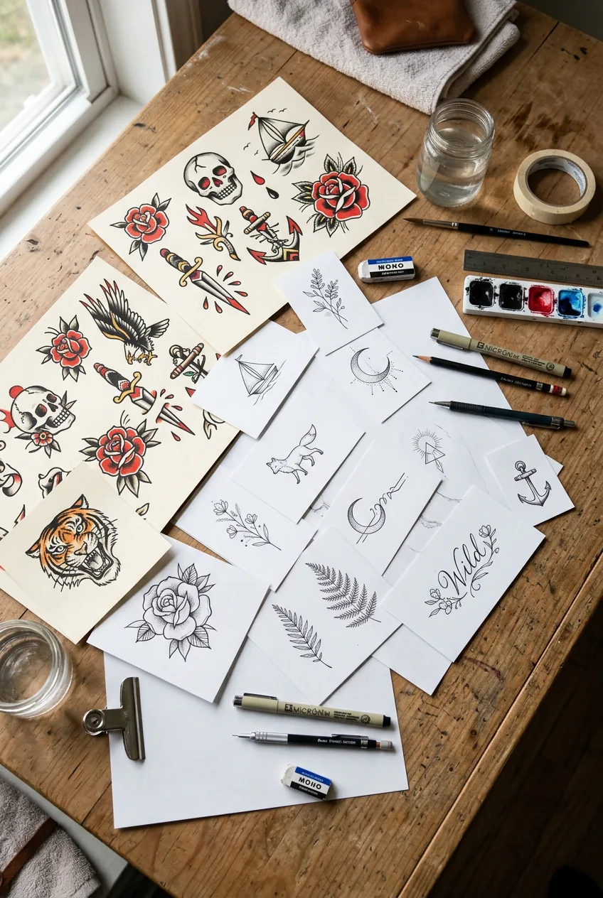 Various small tattoo design sketches spread across drawing table with traditional and modern styles
