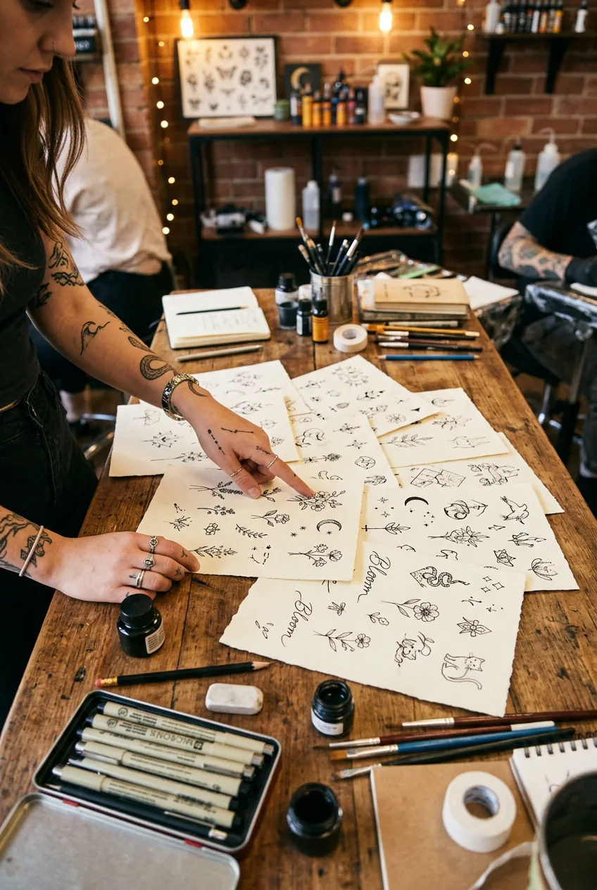Collection of small tattoo design sketches spread across studio table with woman pointing at options