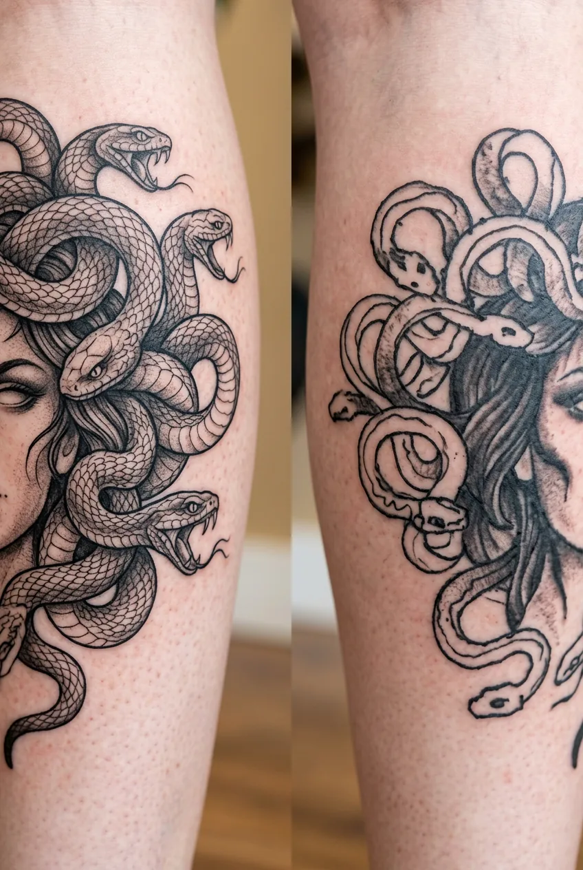 Side by side comparison of detailed snake work versus poorly executed serpent designs in Medusa tattoos