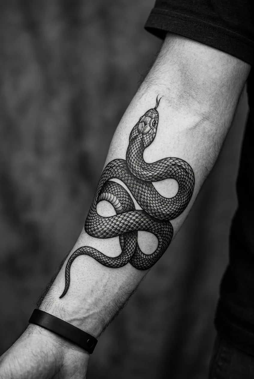 High contrast snake photograph showing clear scale definition and body structure for tattoo reference