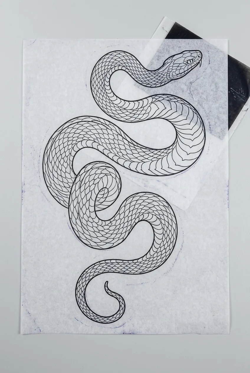 Detailed snake tattoo stencil on transfer paper showing clean linework and scale patterns