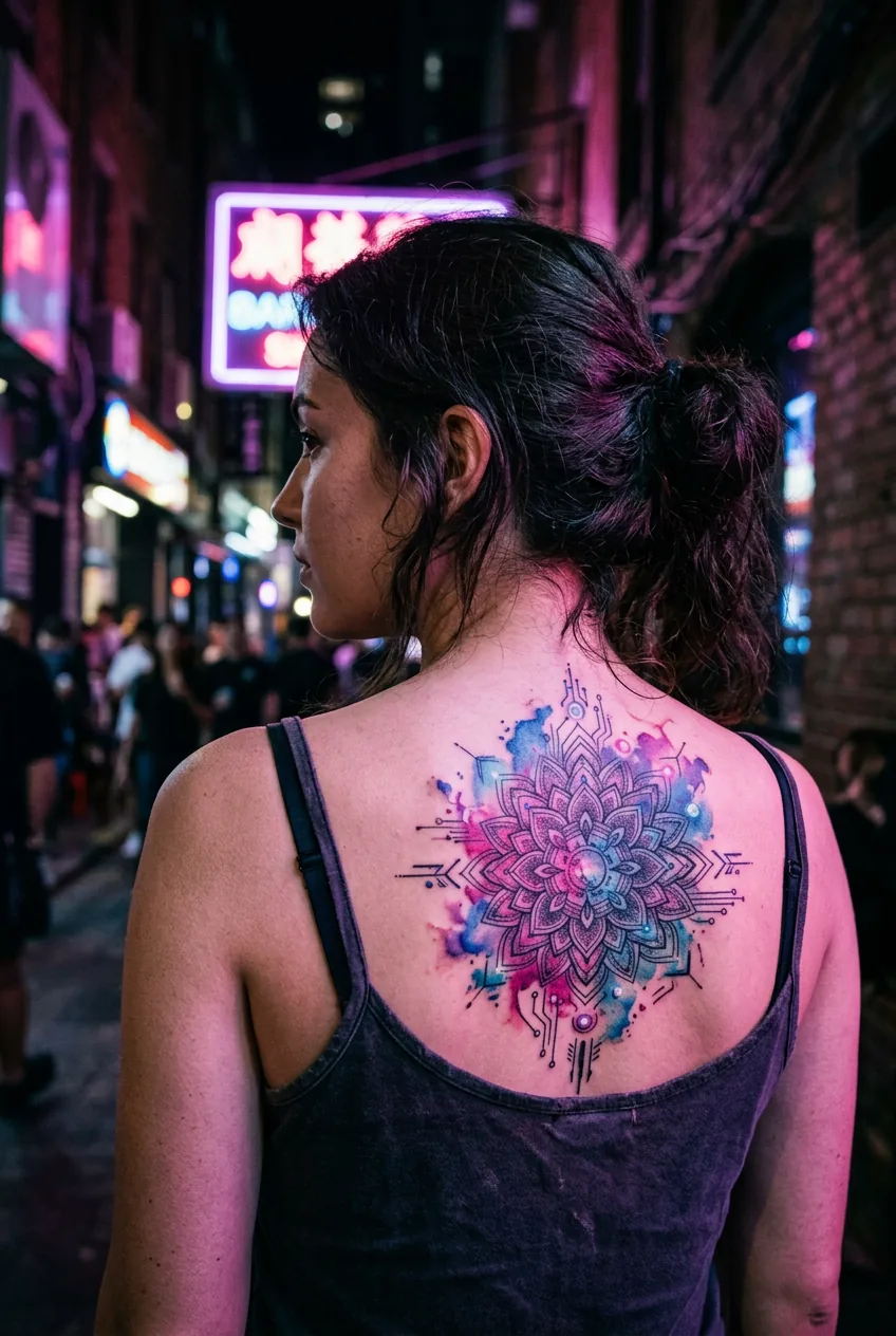 Soft watercolor circuit mandala tattoo on woman's upper back with geometric digital patterns