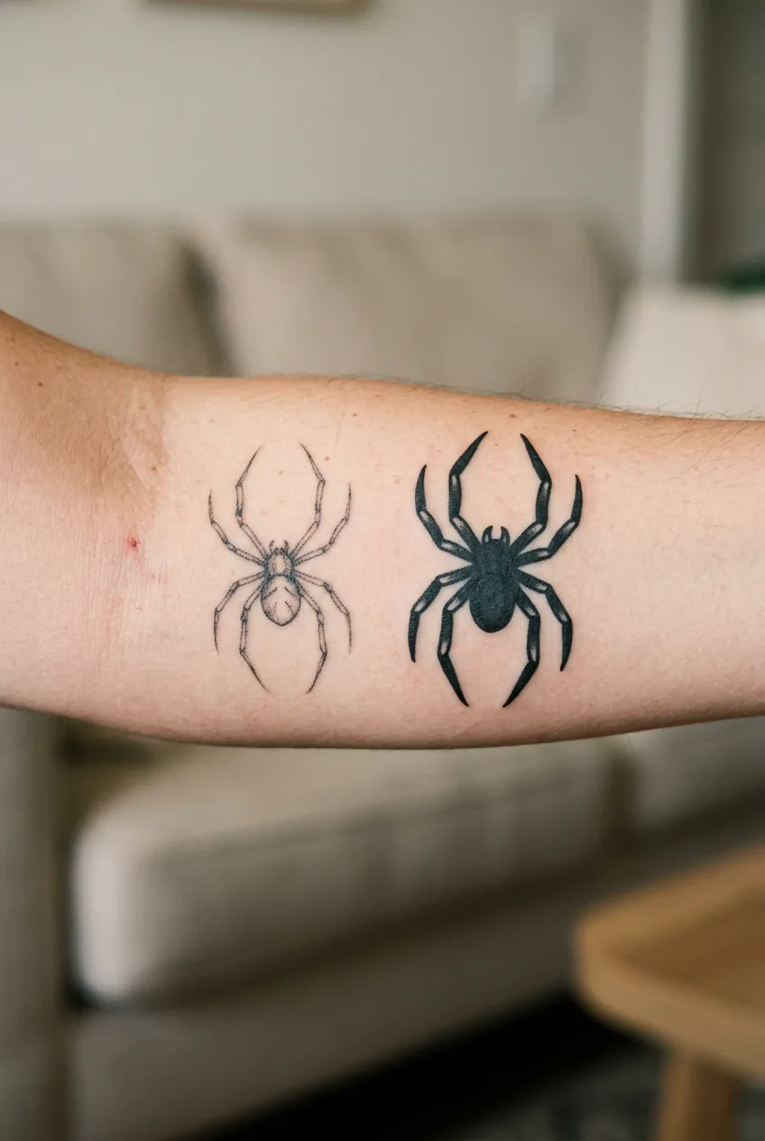 Comparison showing how fine line and bold spider tattoos age differently on skin over time