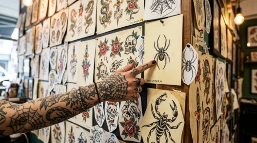 Tattooed woman's hand pointing to spider design among organized flash art sheets on tattoo studio wall