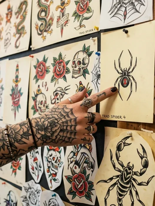 Tattooed woman's hand pointing to spider design among organized flash art sheets on tattoo studio wall
