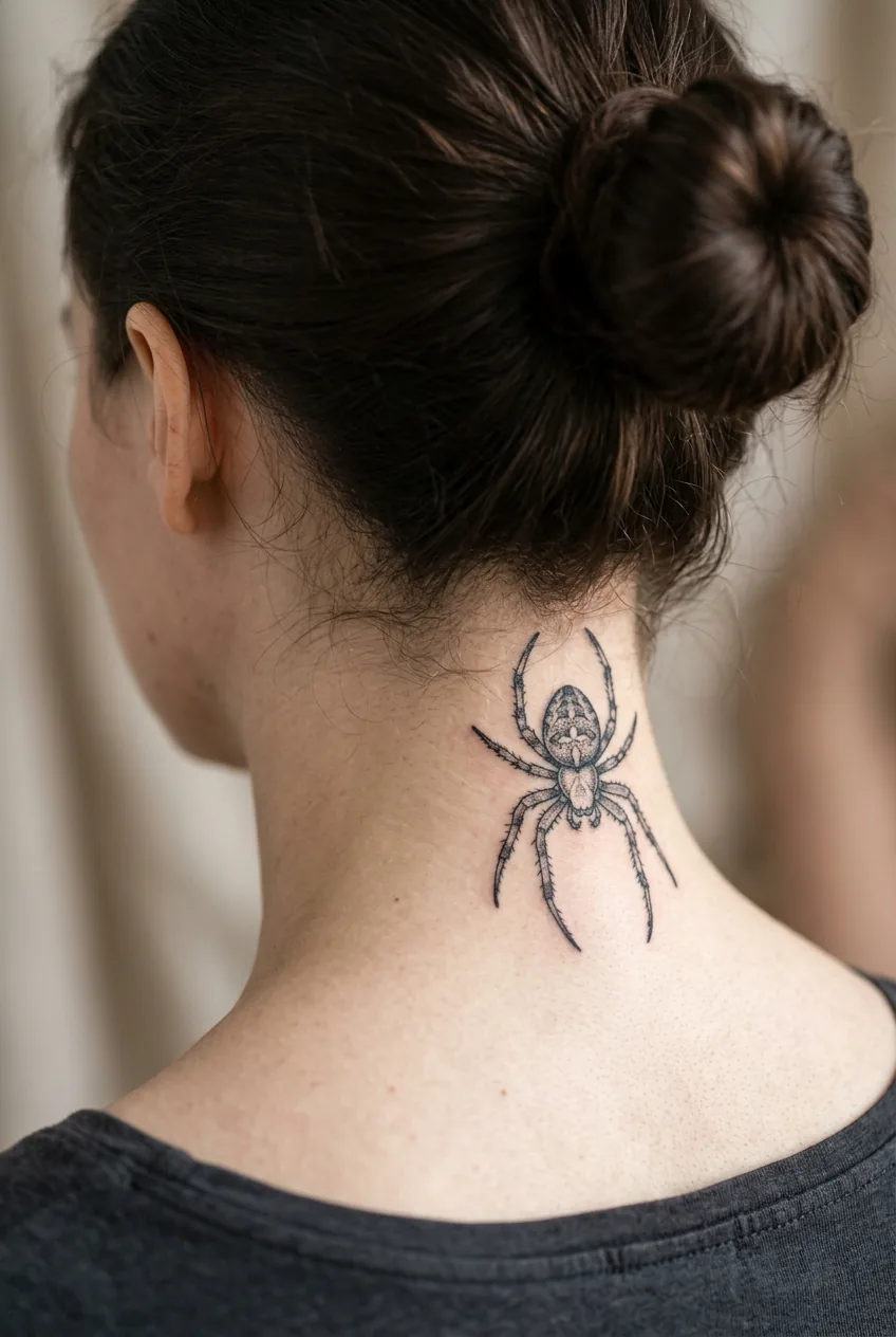 Medium-sized spider tattoo at woman's nape below hairline showing detailed linework