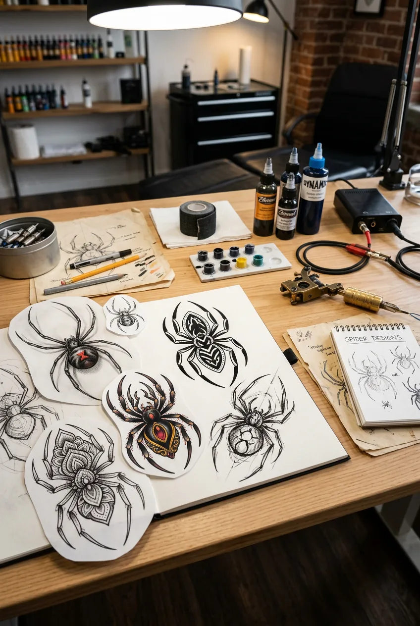 Artist's portfolio page displaying various spider tattoo styles and technique examples