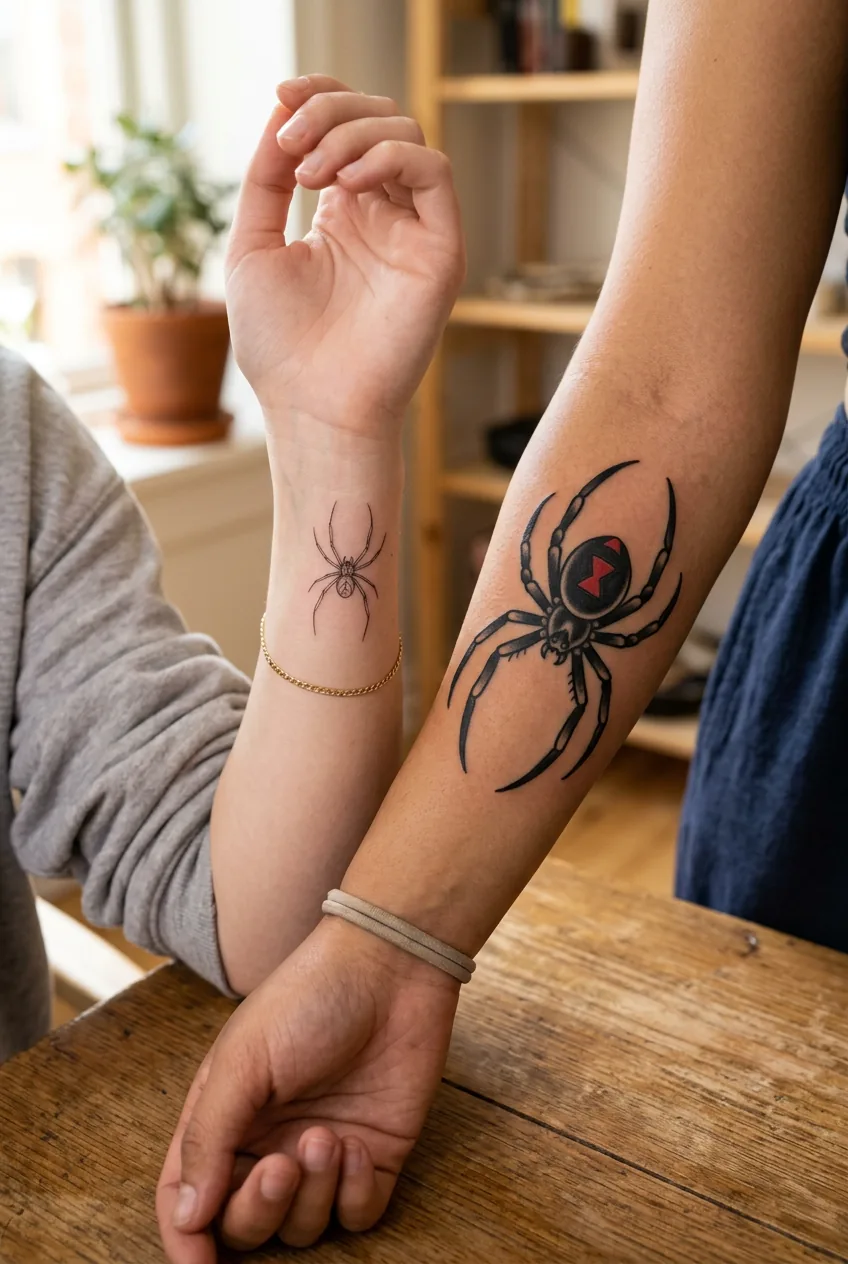 Side by side comparison of fine line wrist spider tattoo and bold forearm spider tattoo