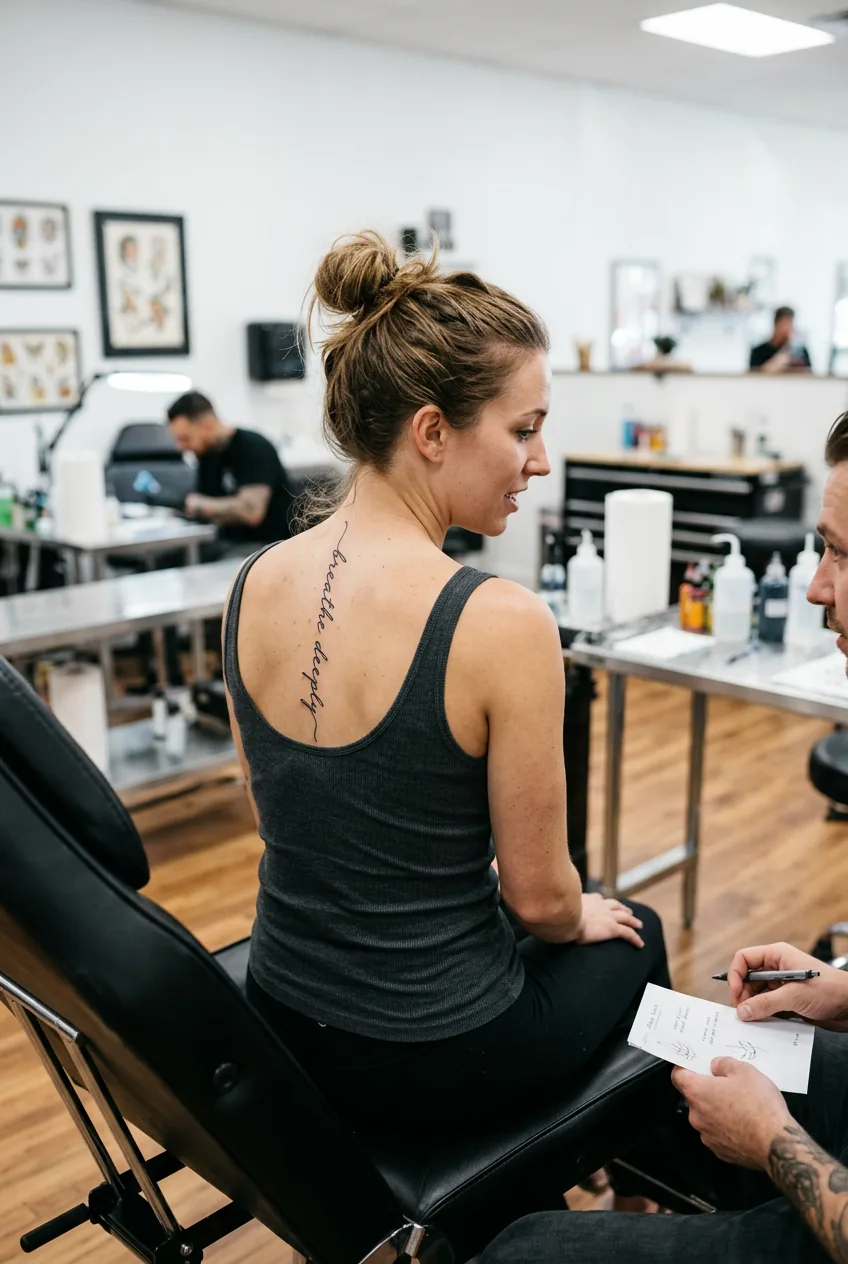 Woman's back profile showing delicate script tattoo placement along spine vertebrae