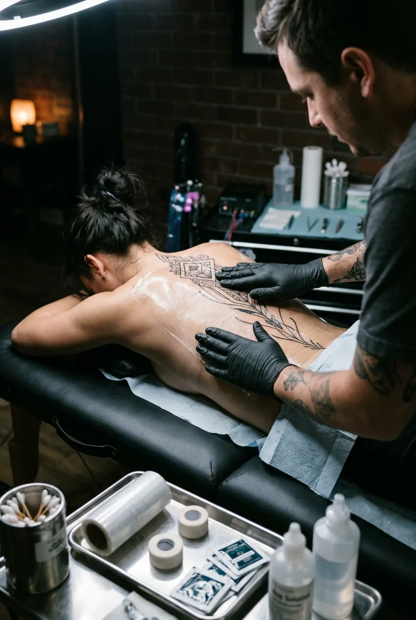 Freshly completed spine tattoo being carefully wrapped with protective film by artist's hands