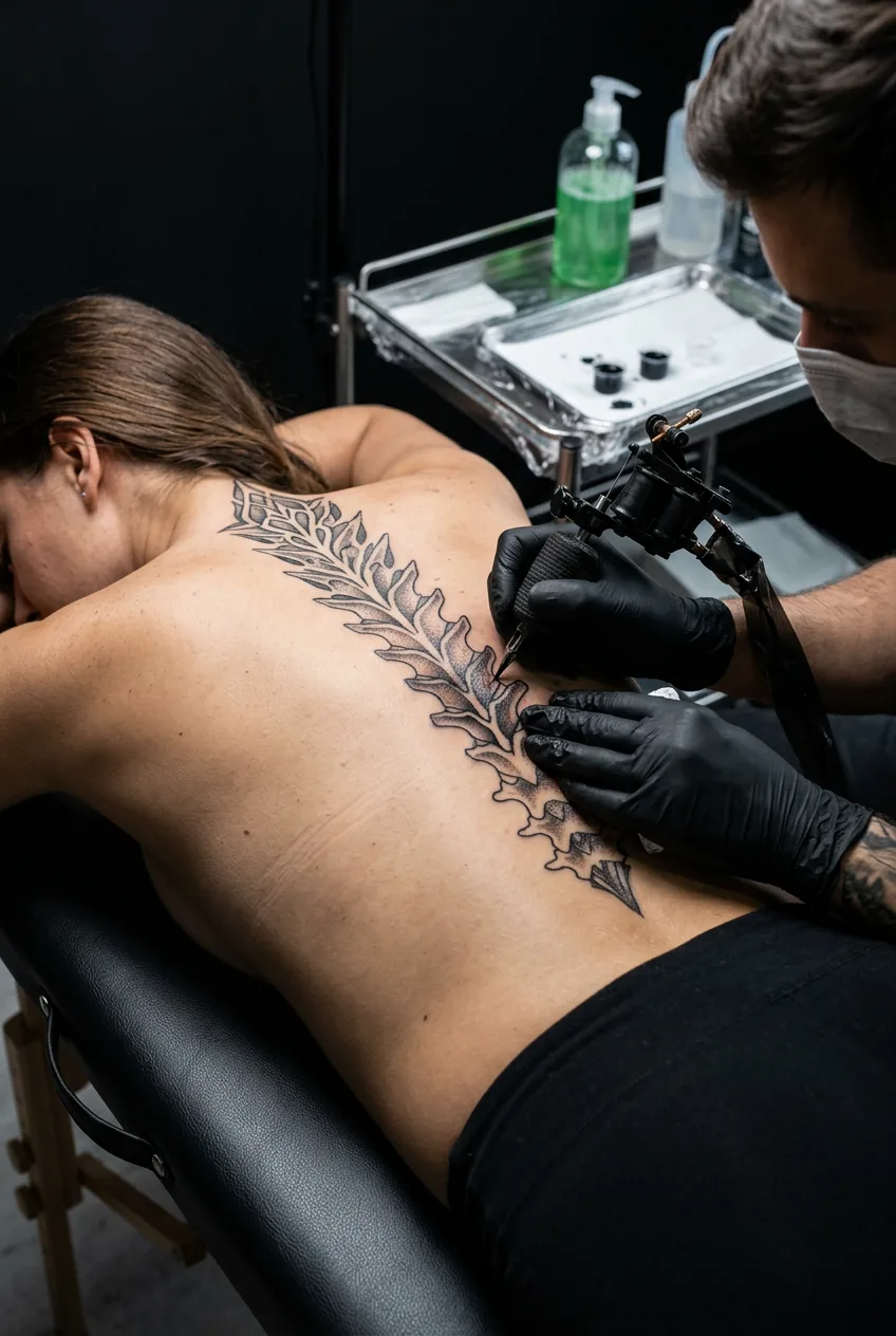 Tattoo artist working on intricate spine tattoo design with professional equipment in clean studio
