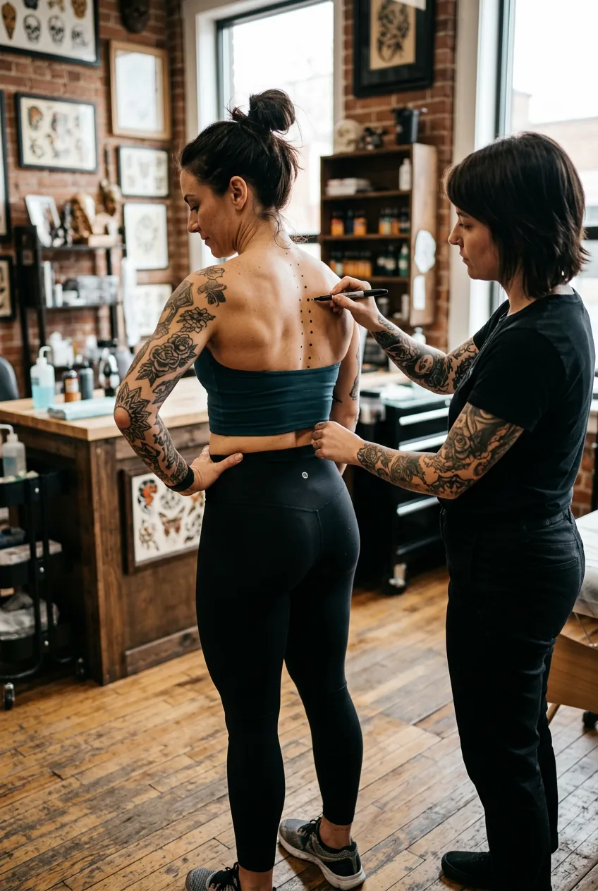 Tattoo consultation with artist marking placement points along woman's spine for new tattoo