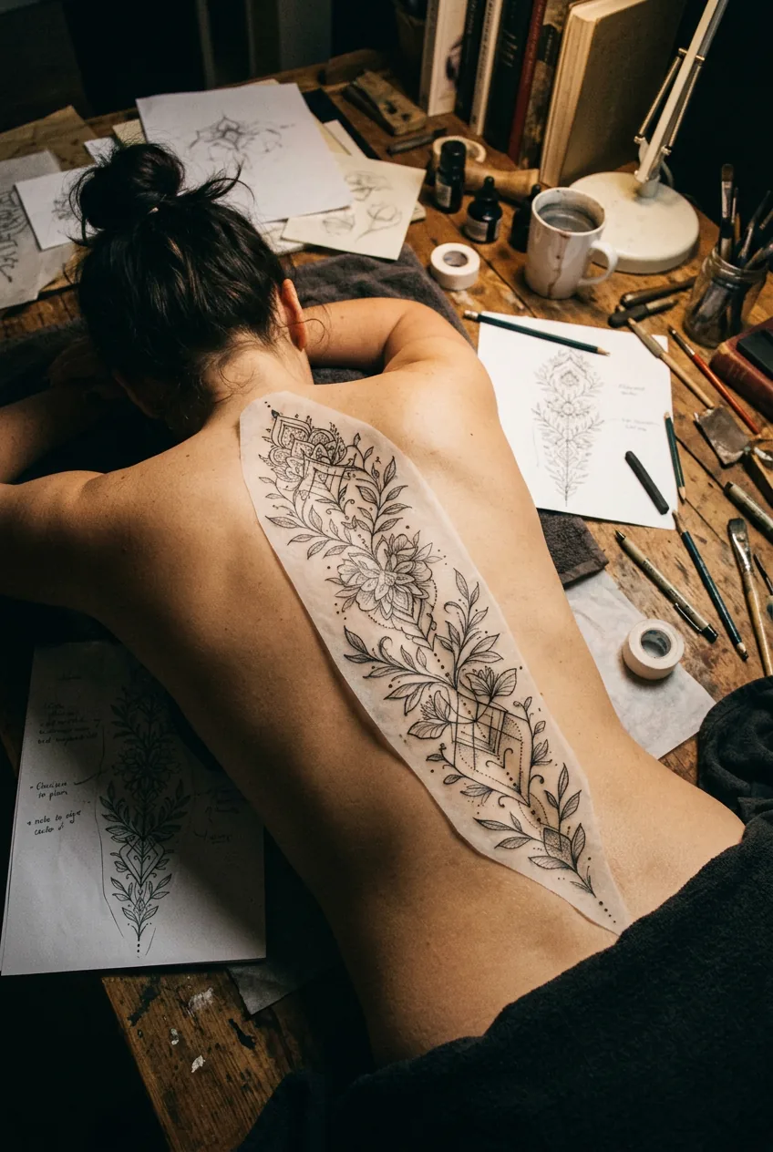 Spine tattoo design sketches positioned against woman's back showing placement planning