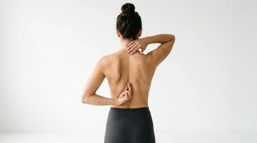 Woman demonstrating spine tattoo placement options with hands positioned along different vertebrae areas