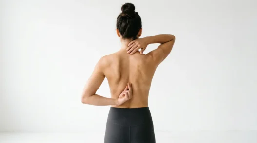 Woman demonstrating spine tattoo placement options with hands positioned along different vertebrae areas