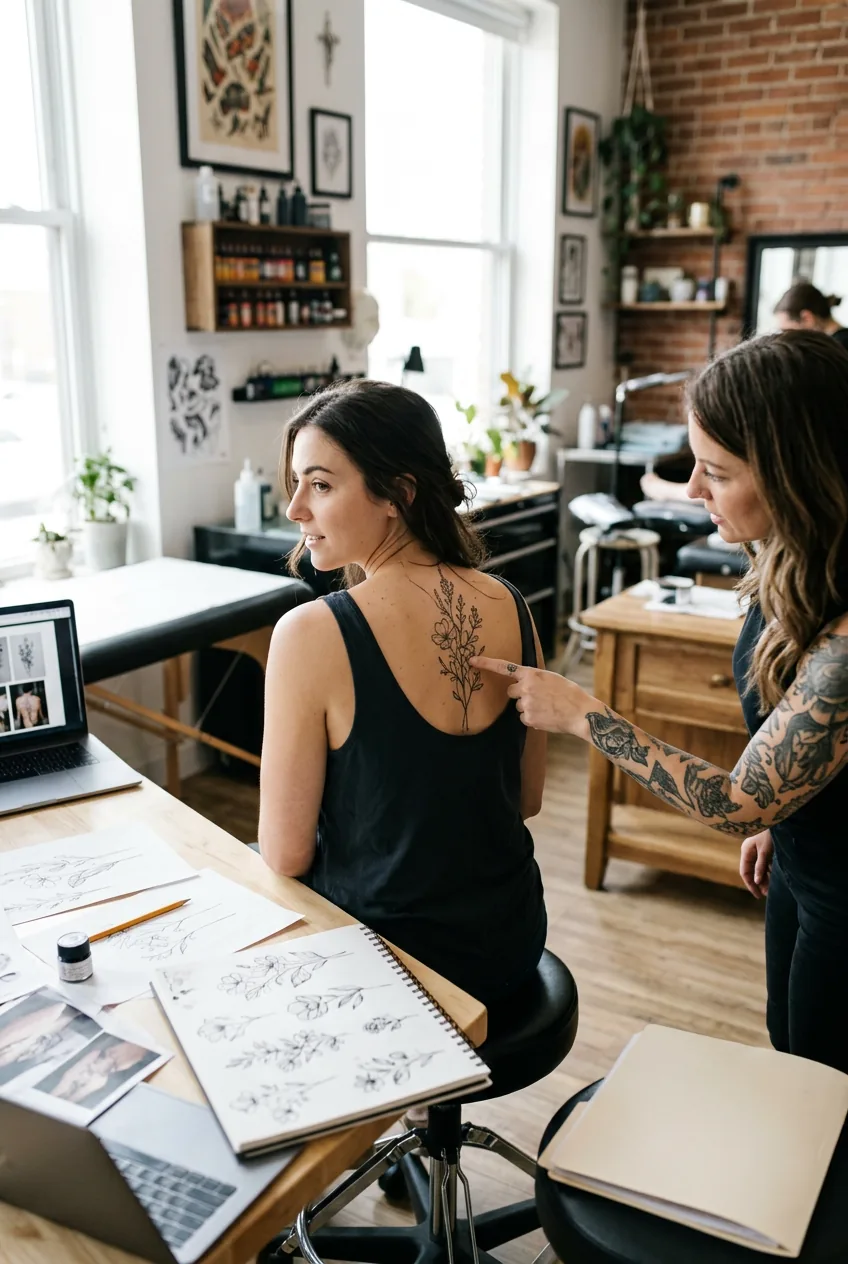 Woman using hand mirror to examine spine tattoo placement options with design sketches visible