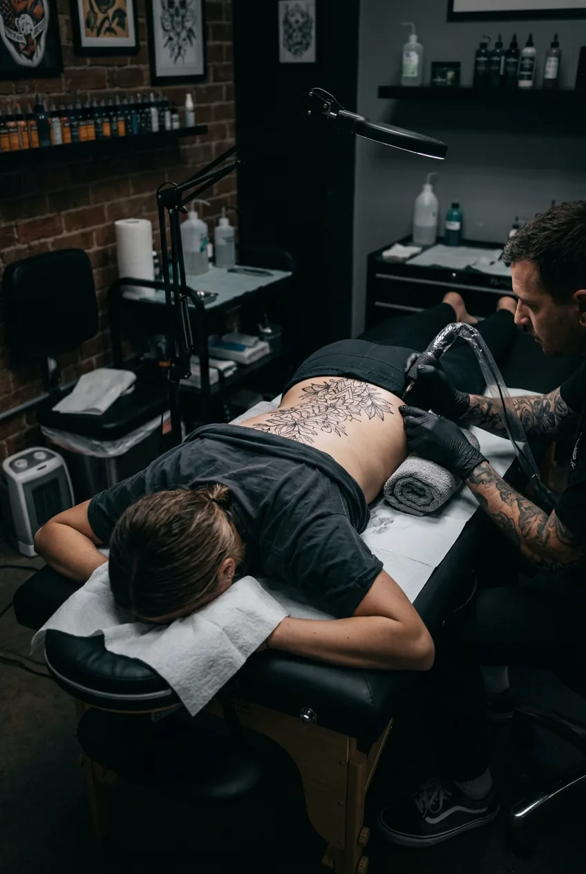Woman lying face down during spine tattoo session showing body positioning and comfort setup