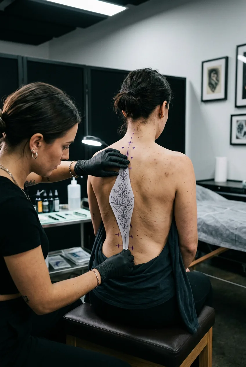 Woman's bare back showing consultation stencil placement along spine with artist's hands positioning design