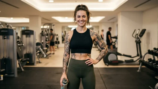 Tattooed woman in workout crop top showing confident post-gym pose with arm and ribcage tattoos visible