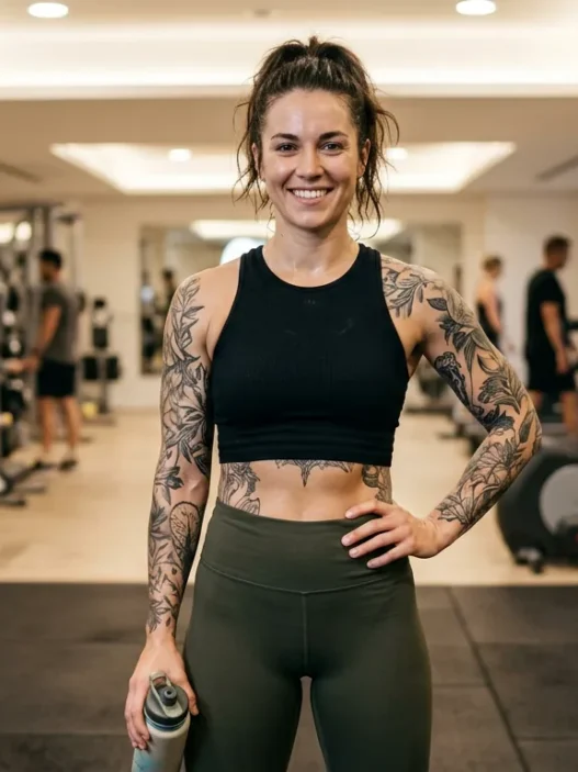 Tattooed woman in workout crop top showing confident post-gym pose with arm and ribcage tattoos visible