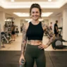 Tattooed woman in workout crop top showing confident post-gym pose with arm and ribcage tattoos visible