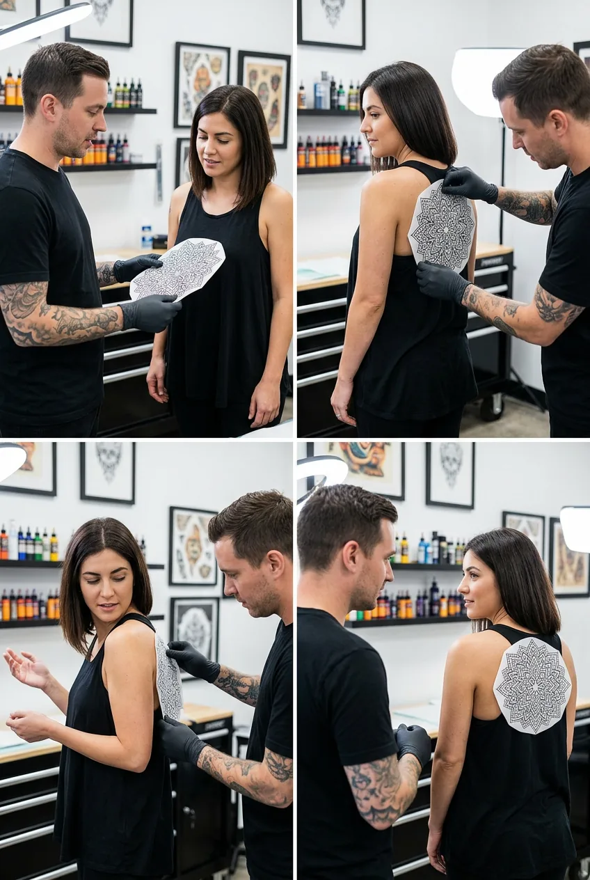 Tattoo artist placing large stencil in different positions on client's back during consultation process