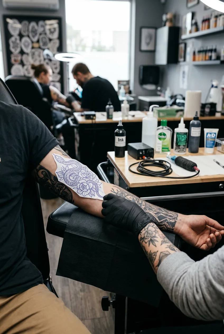 Stencil being positioned on client's arm during tattoo session preparation at professional studio