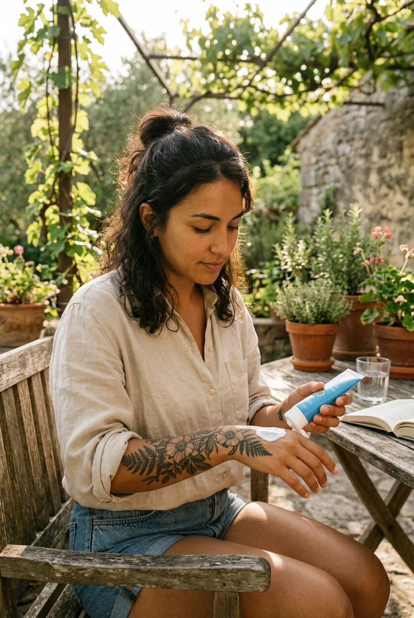 Woman applying sunscreen to healed hand tattoo outdoors in natural sunlight