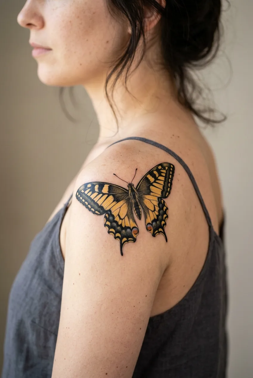 Realistic swallowtail butterfly tattoo on woman's shoulder displaying yellow and black wing details